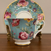 Vintage Heirloom English Fine Bone China Pastel Blue Floral Tea Cup and Saucer