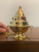 Vintage Brass Hanging Incense Burner / Censer – Star Cutouts & Colorful Glass Cabochons
