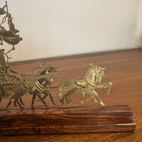 Vintage Engraved Brass Chariot with Krishna, Arjuna, and Hanuman on Wood Base