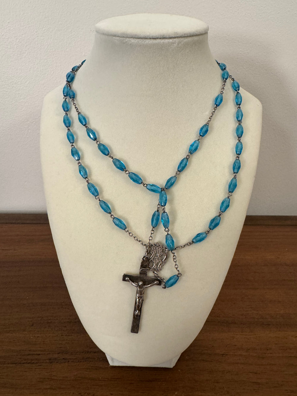 Vintage Silver Tone Religious Rosary Cross with Faceted light Blue Crystals-Glass Beads