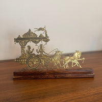 Vintage Engraved Brass Chariot with Krishna, Arjuna, and Hanuman on Wood Base