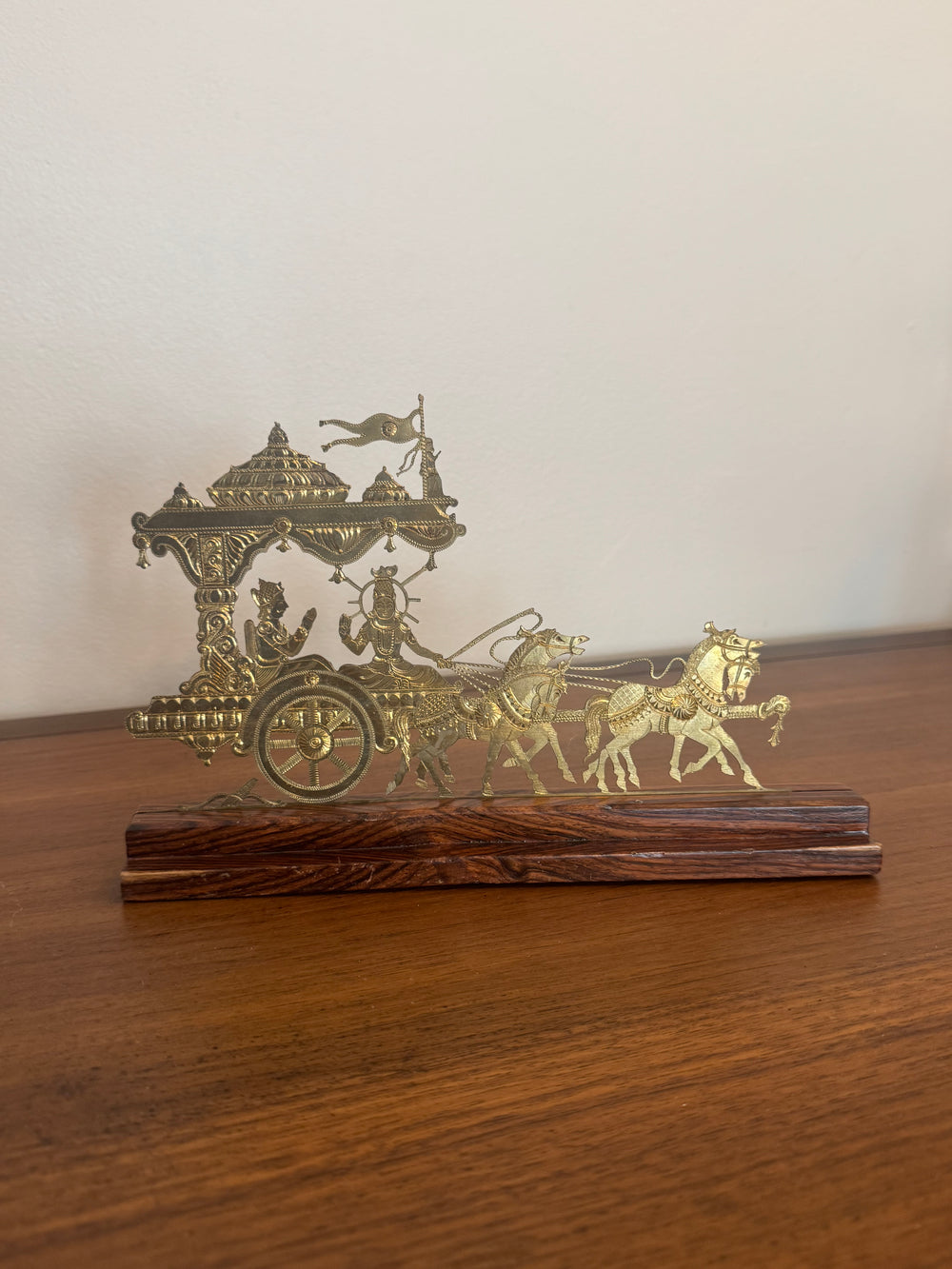 Vintage Engraved Brass Chariot with Krishna, Arjuna, and Hanuman on Wood Base