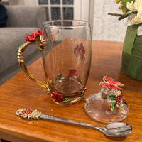 BTaT Brew To Tea A Cups with Lids Spoons Butterfly Flowers Design Glass Set