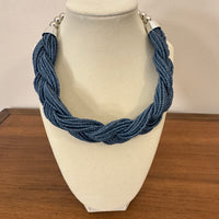 Braided Blue-Silver-tone Glass-Metal Beaded Necklace