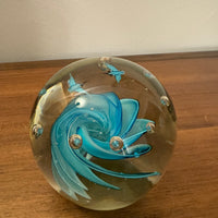 Glass Art Paperweight Blue Wave with Seagulls