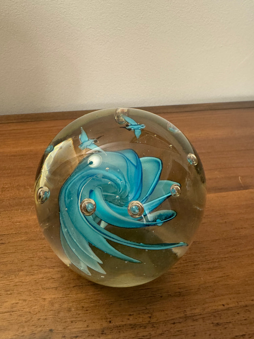 Glass Art Paperweight Blue Wave with Seagulls