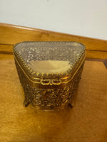 Vintage Filigree Gold-tone Footed Trinket Jewelry Box
