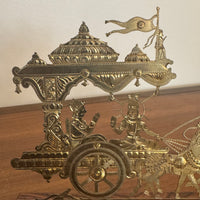 Vintage Engraved Brass Chariot with Krishna, Arjuna, and Hanuman on Wood Base