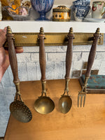 Vintage European Brass & Wood Hanging Utensil Rack Set (4 Pc Wall Mount Kitchen Tools)
