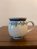 Polish Pottery Hand-Decorated Stoneware Mug – Blue Floral & Dot Pattern, Made in Poland
