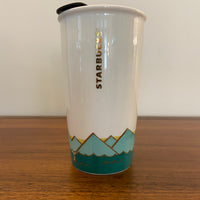 Starbucks Hot Air Balloon Design Porcelain Coffee Tumbler Mug 12oz Replaced Lid