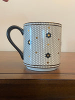 Anthropologie Bistro Tile Stoneware Monogram C Mug – Black, White & Gold Honeycomb 15 oz

