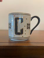 Anthropologie Bistro Tile Stoneware Monogram C Mug – Black, White & Gold Honeycomb 15 oz

