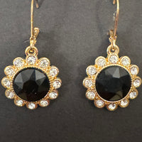 Monet Gold-tone Black Crystal Clear Rhinestones Flower Dangle Earrings