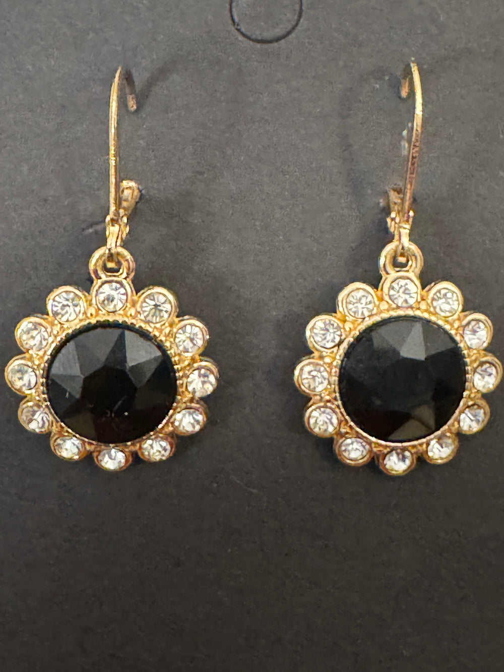Monet Gold-tone Black Crystal Clear Rhinestones Flower Dangle Earrings