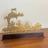 Vintage Engraved Brass Chariot with Krishna, Arjuna, and Hanuman on Wood Base