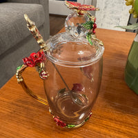 BTaT Brew To Tea A Cups with Lids Spoons Butterfly Flowers Design Glass Set