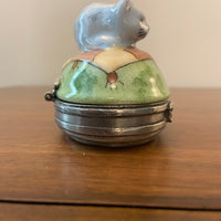 Limoges France Chanill Cat Porcelain-Pewter Trinket Box
