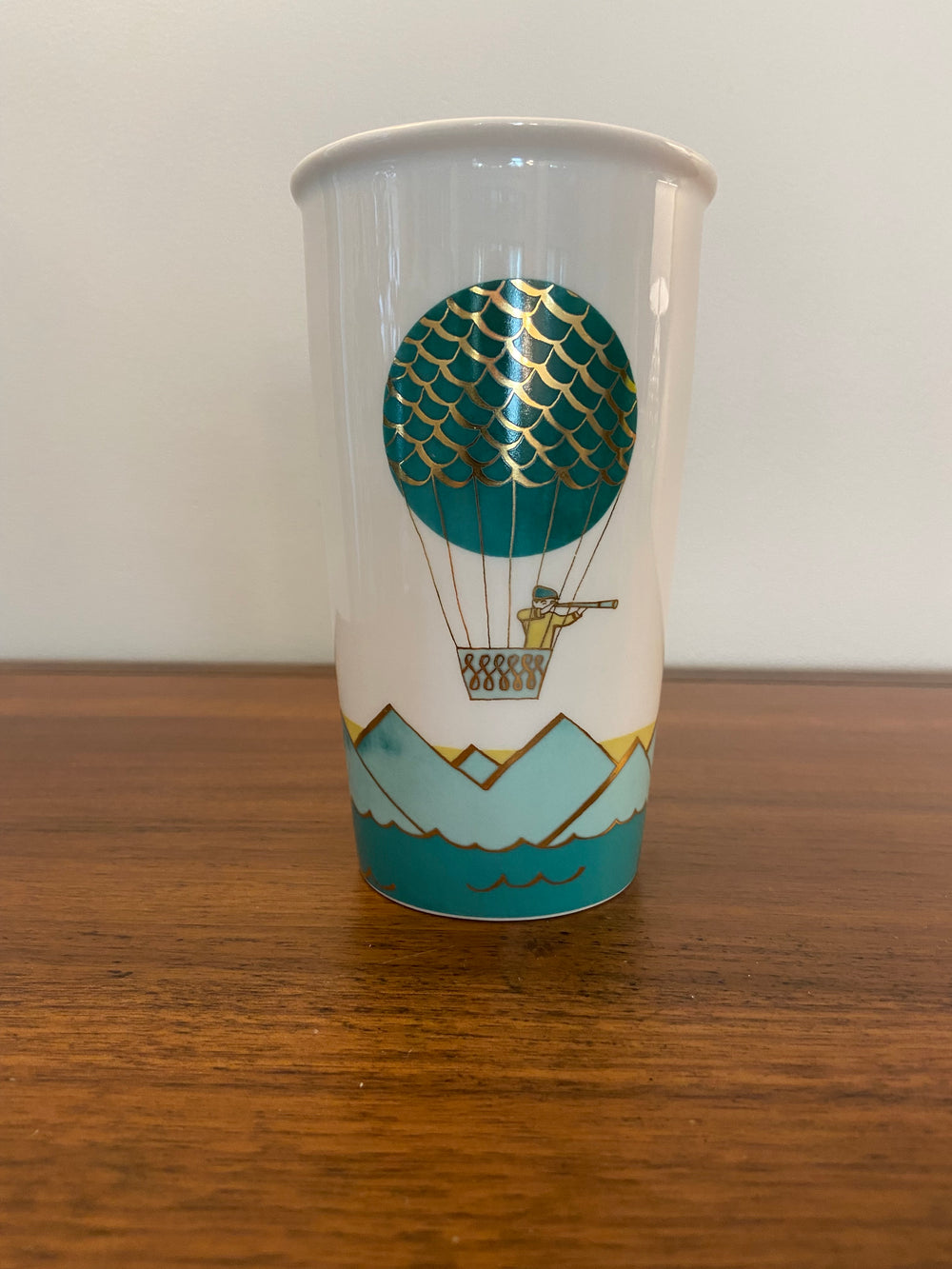 Starbucks Hot Air Balloon Design Porcelain Coffee Tumbler Mug 12oz Replaced Lid