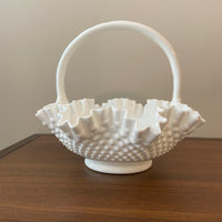 Vintage Milk Glass Fenton Ruffled Basket Bowl