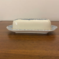 Ceramic Blue Transfer Butter Dish Currier and Ives Horse Ride at the Shore