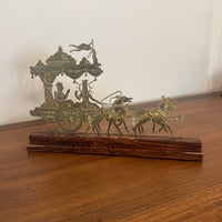 Vintage Engraved Brass Chariot with Krishna, Arjuna, and Hanuman on Wood Base