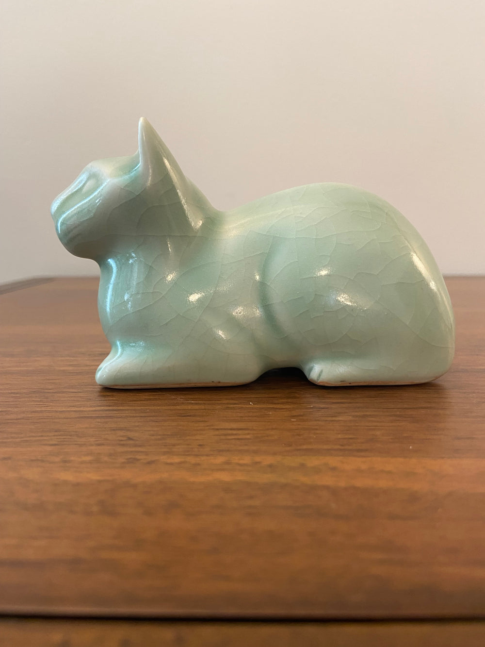 Vintage Celadon Crazed Glaze Ceramic Cat Figurine