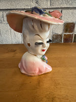 Vintage Lady Head Vase Planter – Pink Hat w/ Flowers – Vase – Mid Century Ceramic A503
