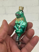 Vintage West Germany Frog Prince Clip-On Blown Glass Christmas Ornament
