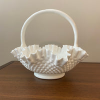 Vintage Milk Glass Fenton Ruffled Basket Bowl