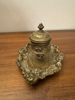 Antique Ornated Solid Brass Inkwell
