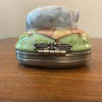 Limoges France Chanill Cat Porcelain-Pewter Trinket Box