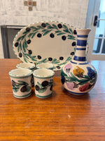 Olive Branch Mediterranean Pattern Small Platter-Cups-Bottle Handmade Pottery Set
