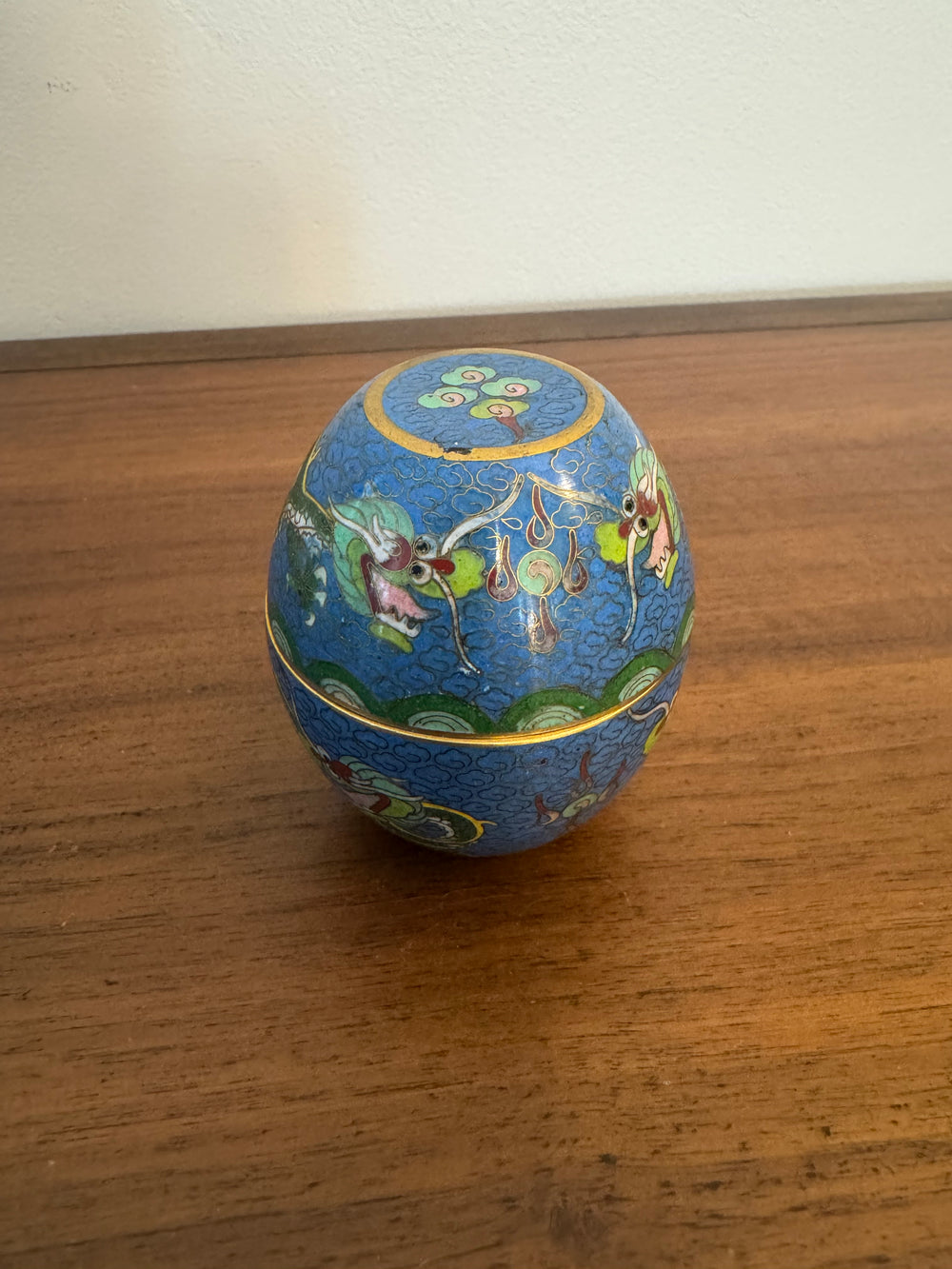 Vintage Chinese Cloisonné Trinket Box Egg Shaped with Dragons