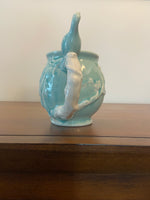 Peacock Bird Figural Ceramic Mug – Blue Green Iridescent Crackle Glaze

