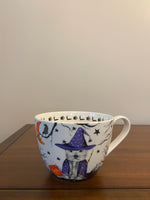 Halloween Witch Dog Mug – Purple Witch Hat, Bats & Pumpkins Ceramic Cup
