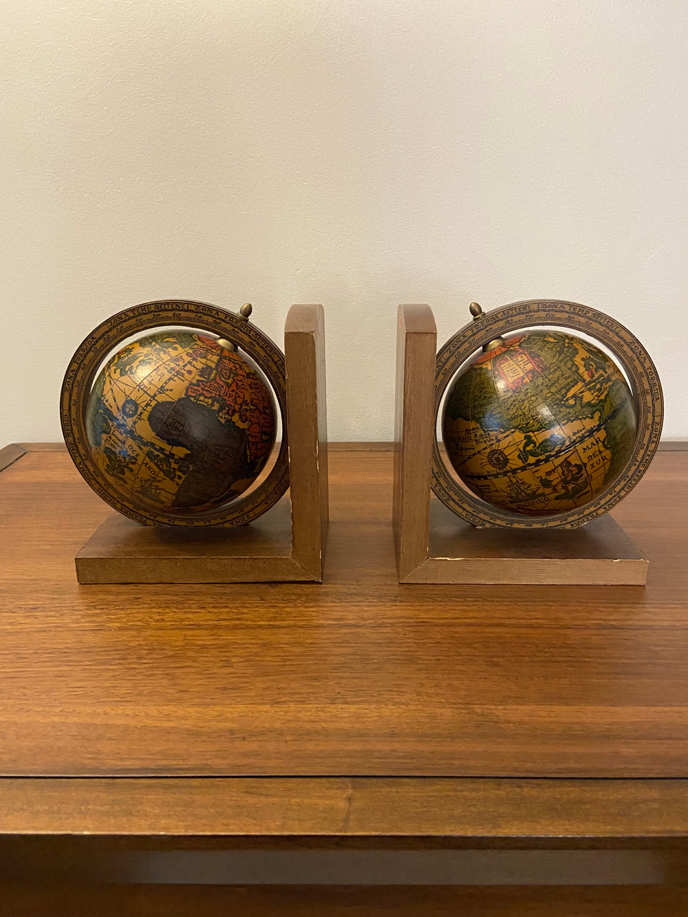 Vintage MCM Wooden Italian World Globe Bookends