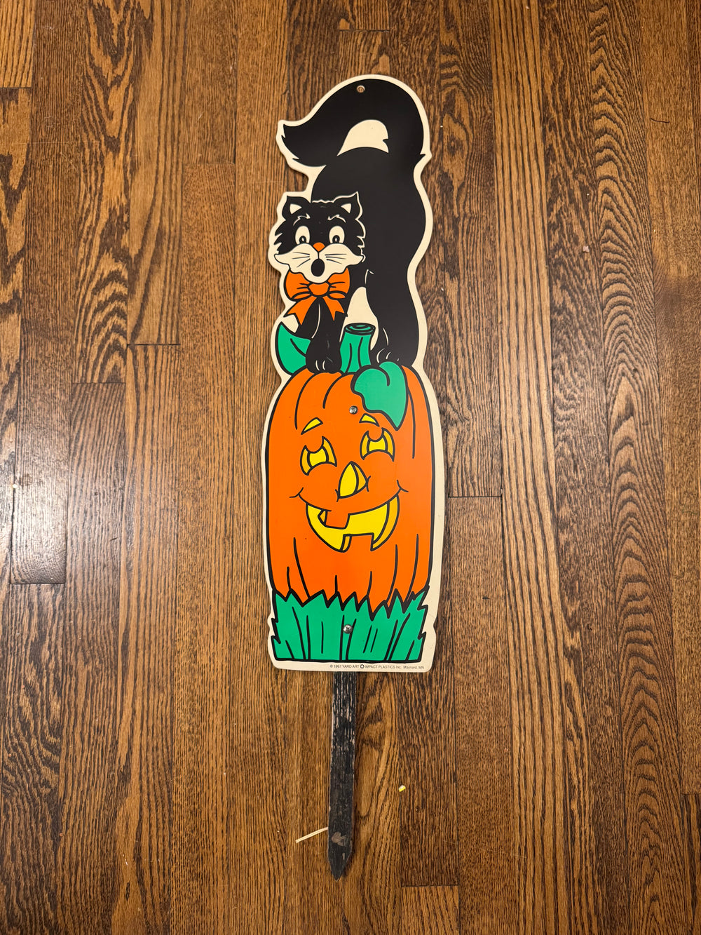 Vintage Halloween Decor Black Cat Pumpkin Sign Yard Art Impact Plastics