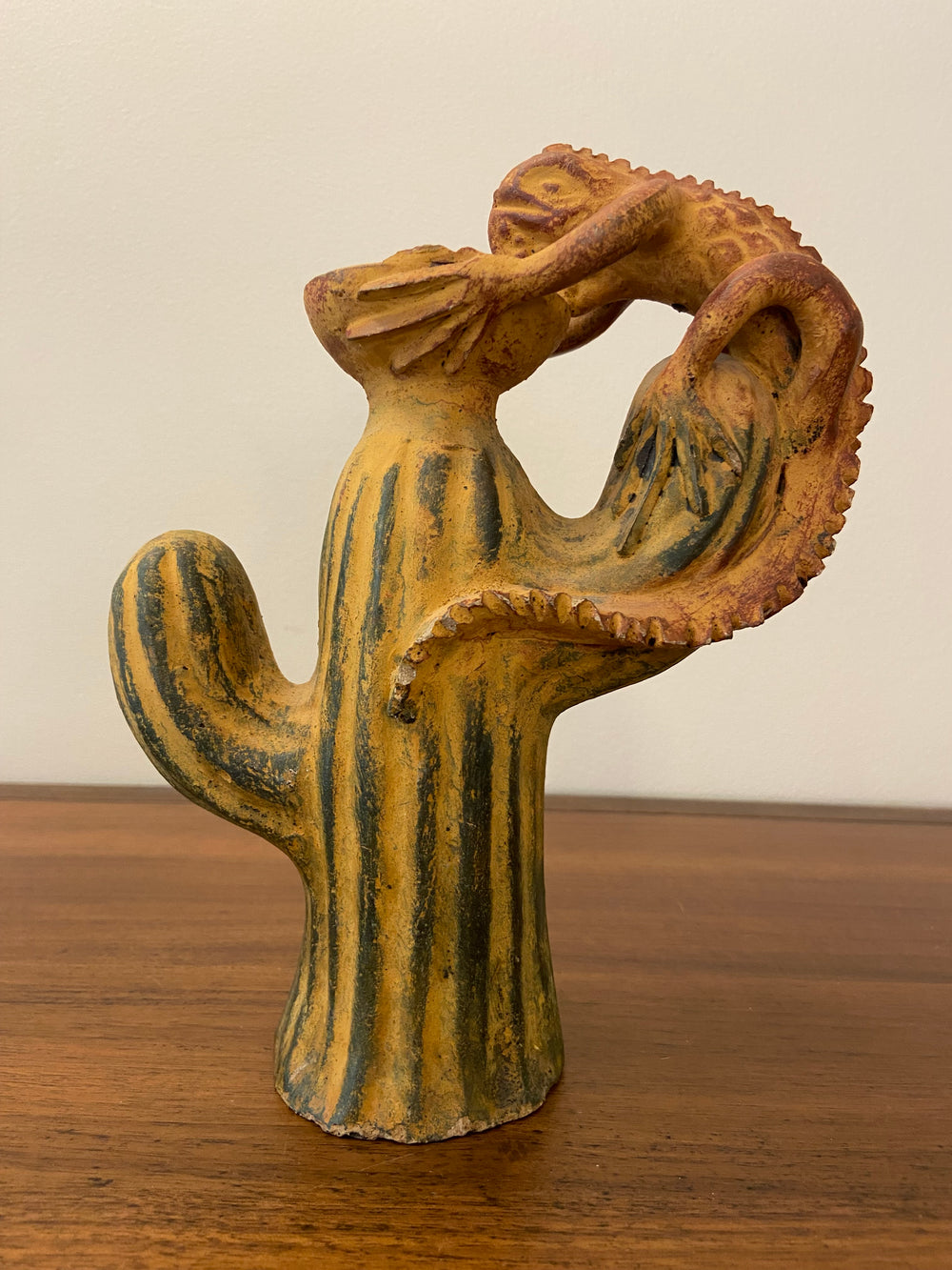 Vintage Ceramic Terracotta Iguana and Cactus Candleholder