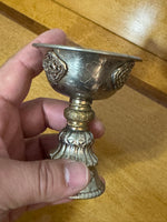 Vintage Hand Embossed Tibetan Buddhist Silverplate-Brass Yak Butter Lamp Cup
