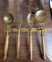 Vintage European Brass & Wood Hanging Utensil Rack Set (4 Pc Wall Mount Kitchen Tools)
