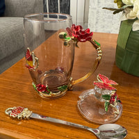 BTaT Brew To Tea A Cups with Lids Spoons Butterfly Flowers Design Glass Set