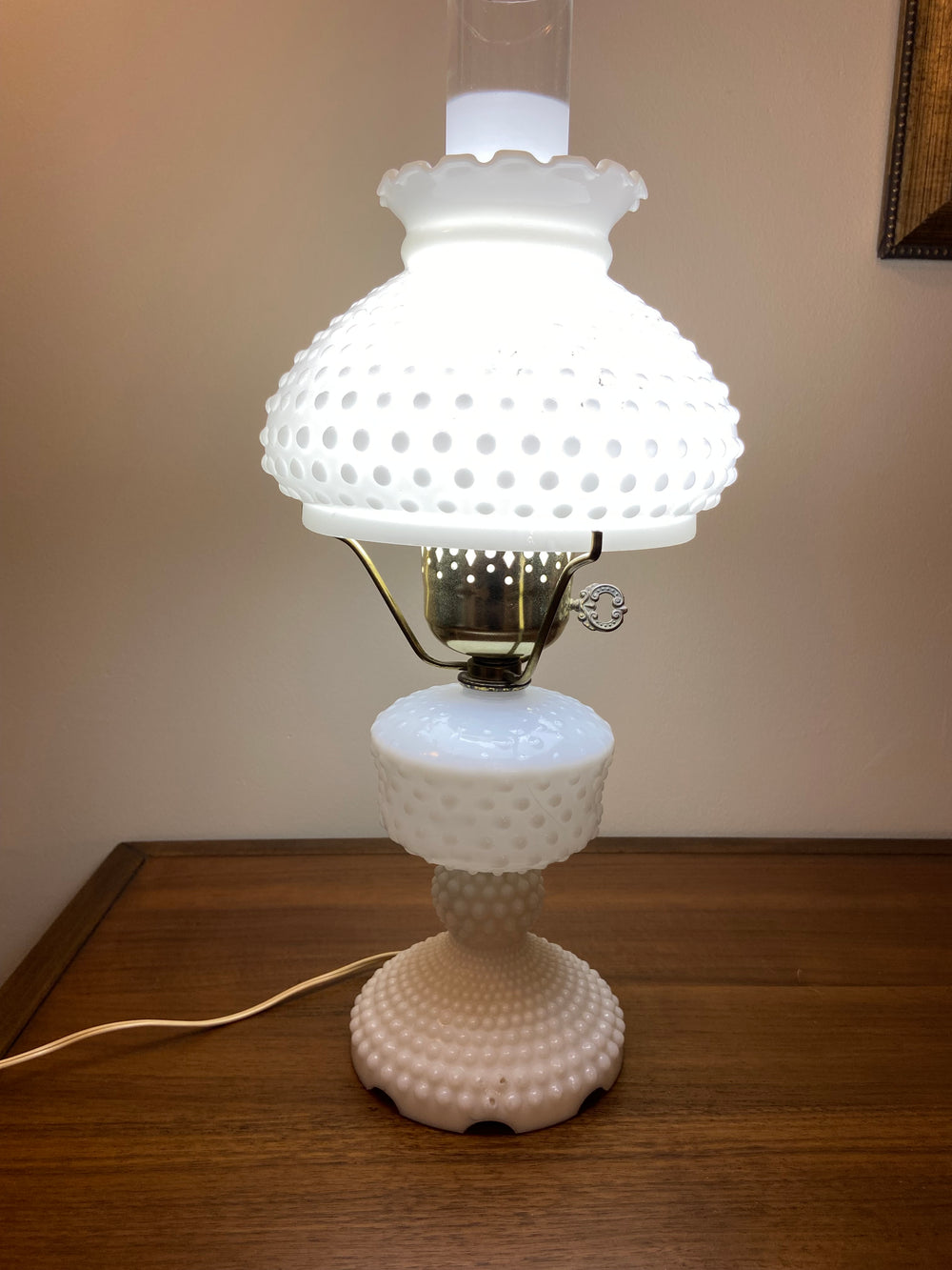 Vintage Milky Glass Hobnail Raffled Hurricane Lamp