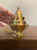 Vintage Brass Hanging Incense Burner / Censer – Star Cutouts & Colorful Glass Cabochons
