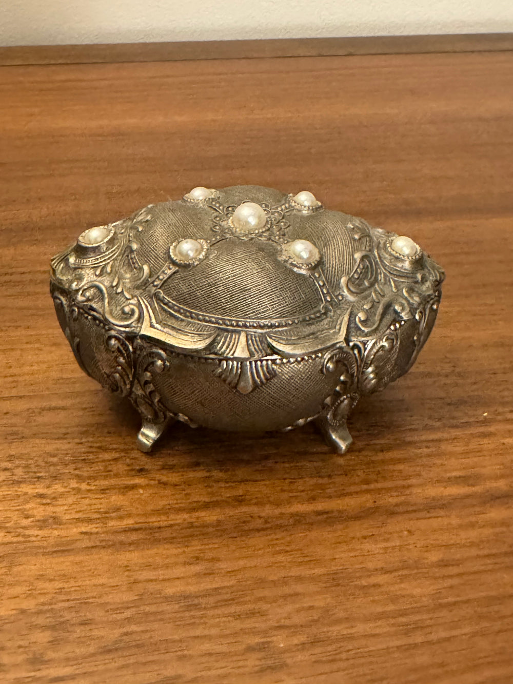 Vintage Ornated Jewelry Box with Red Velvet Lining Interior