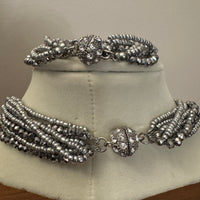 Silver Tone Multi-strands Crystal-Glass Necklace and Bracelet
