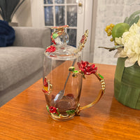 BTaT Brew To Tea A Cups with Lids Spoons Butterfly Flowers Design Glass Set