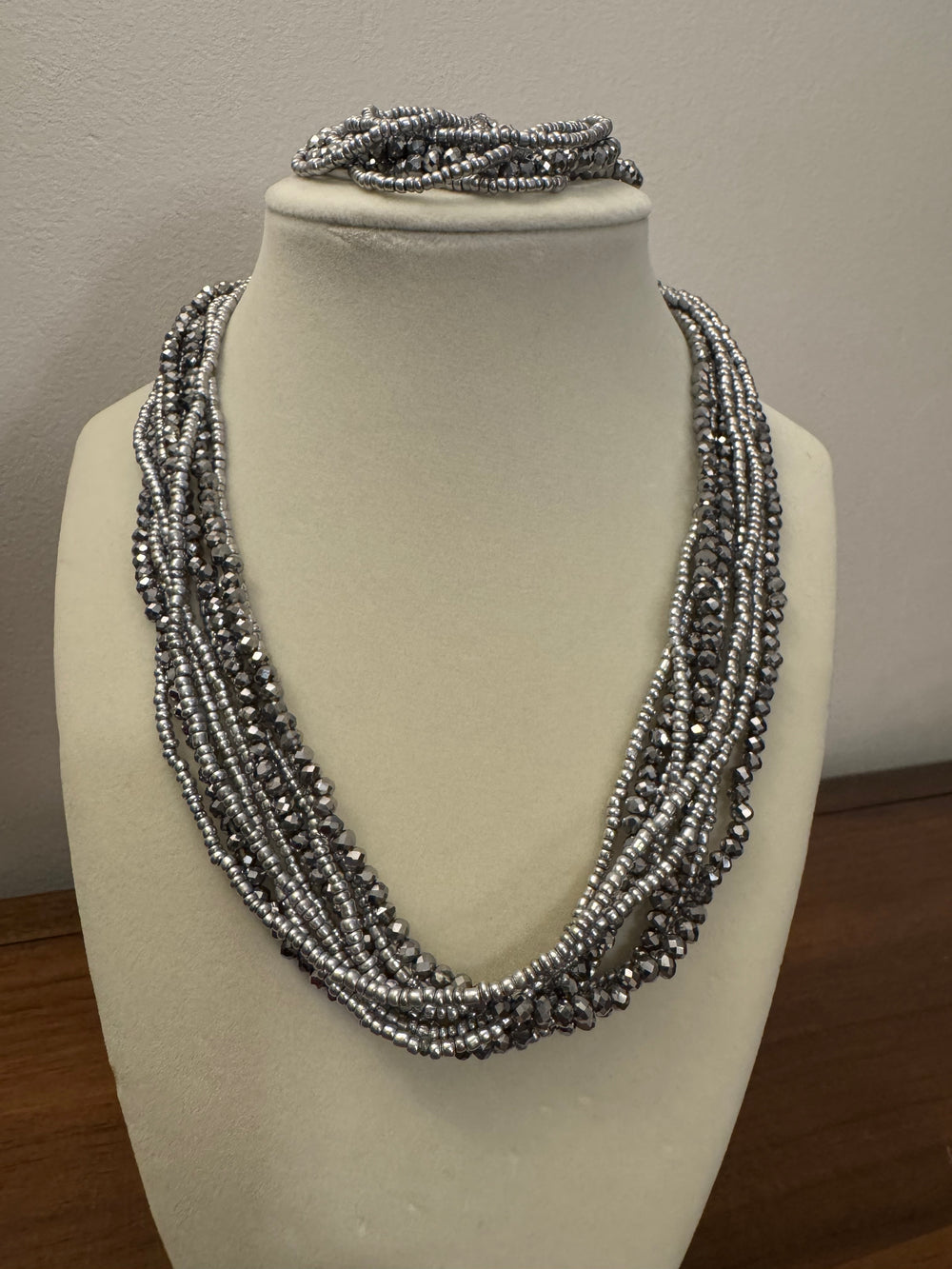 Silver Tone Multi-strands Crystal-Glass Necklace and Bracelet