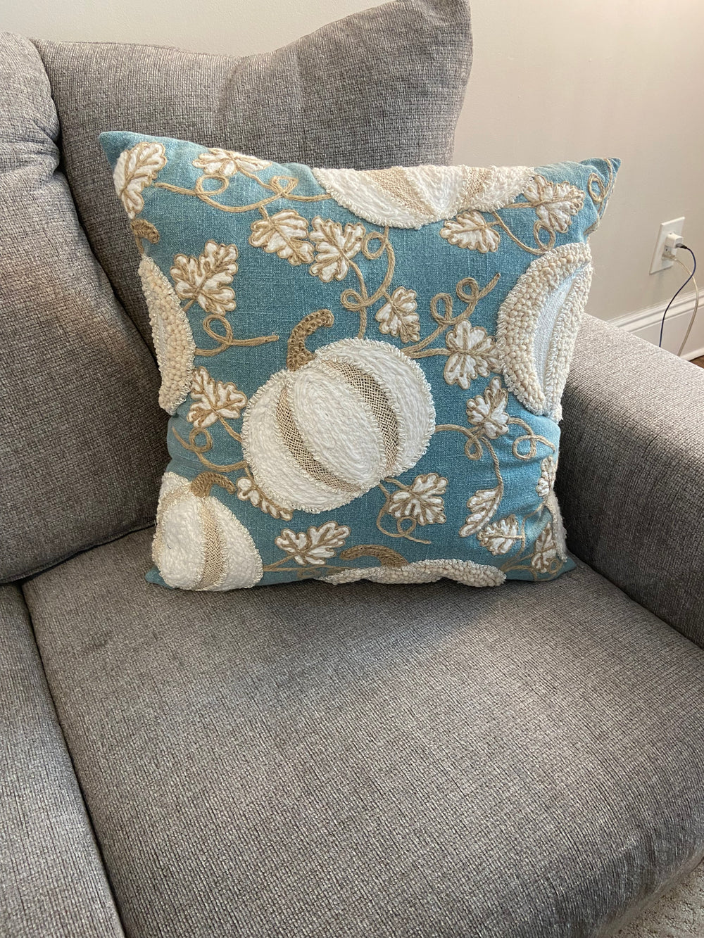 Shabby Chic Cotton Throw Pillow Embroidered Pumpkins Fall- Halloween Decor