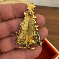 Vintage Enamel Christmas Tree with Red Bows and Gold-tone Star Brooch Pin